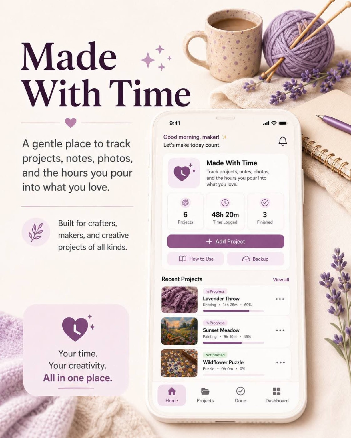 Made With Time app preview showing a handmade project journal screen